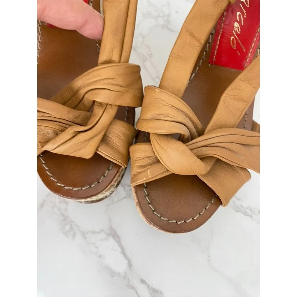 Paloma Barceló Sandals Espadrilles Sz 38/7.5 Tan Leather Wedge Platform Dressy